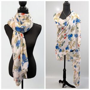 Floral Owl Print Scarf White Blue and Red 69" x 36"
